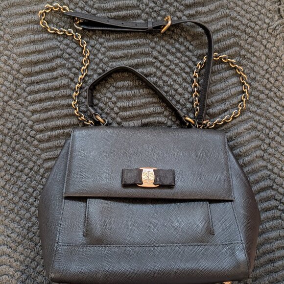 Salvatore Ferragamo Handbags - Authentic Ferragamo Carrie Bow Black Satchel Bag Crossbody‎ Calfskin Leather